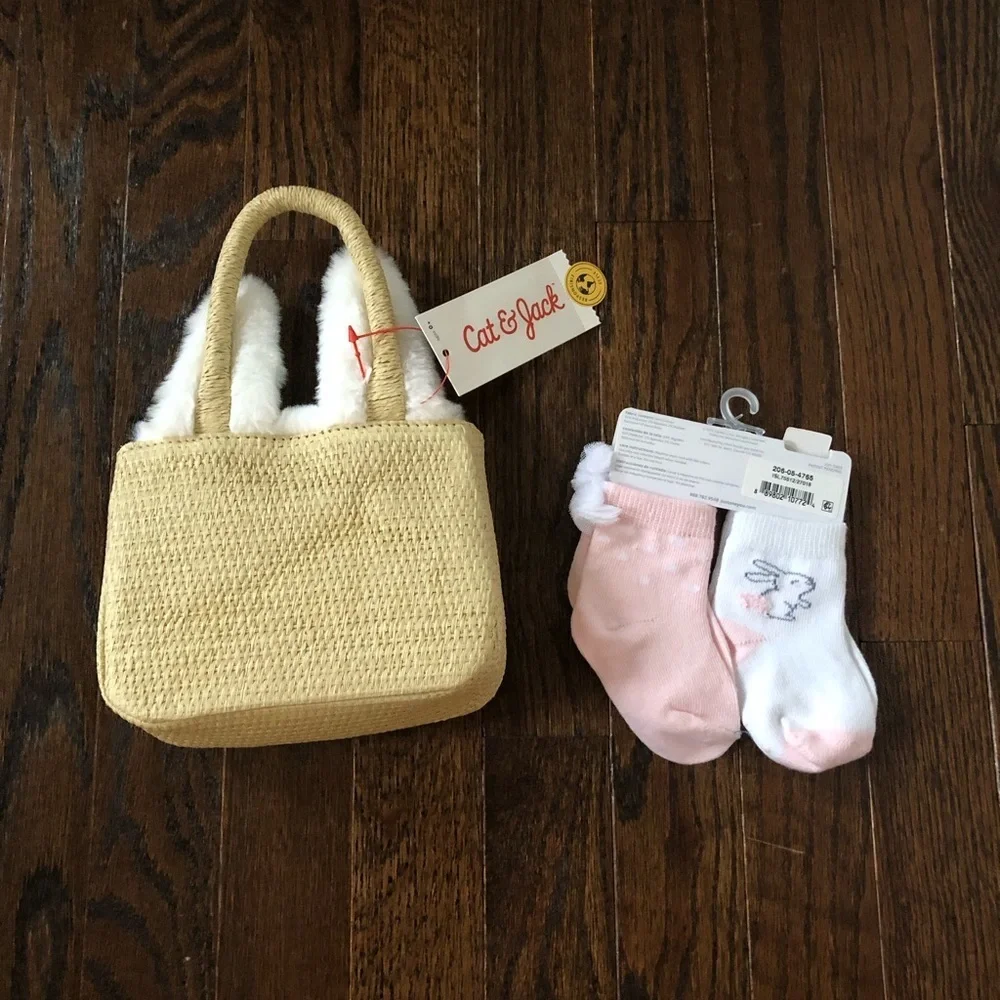 Easter Bundle x2: NEW W/TAGS! Cat & Jack Fuzzy Bunny Straw Purse & 6-12M Socks